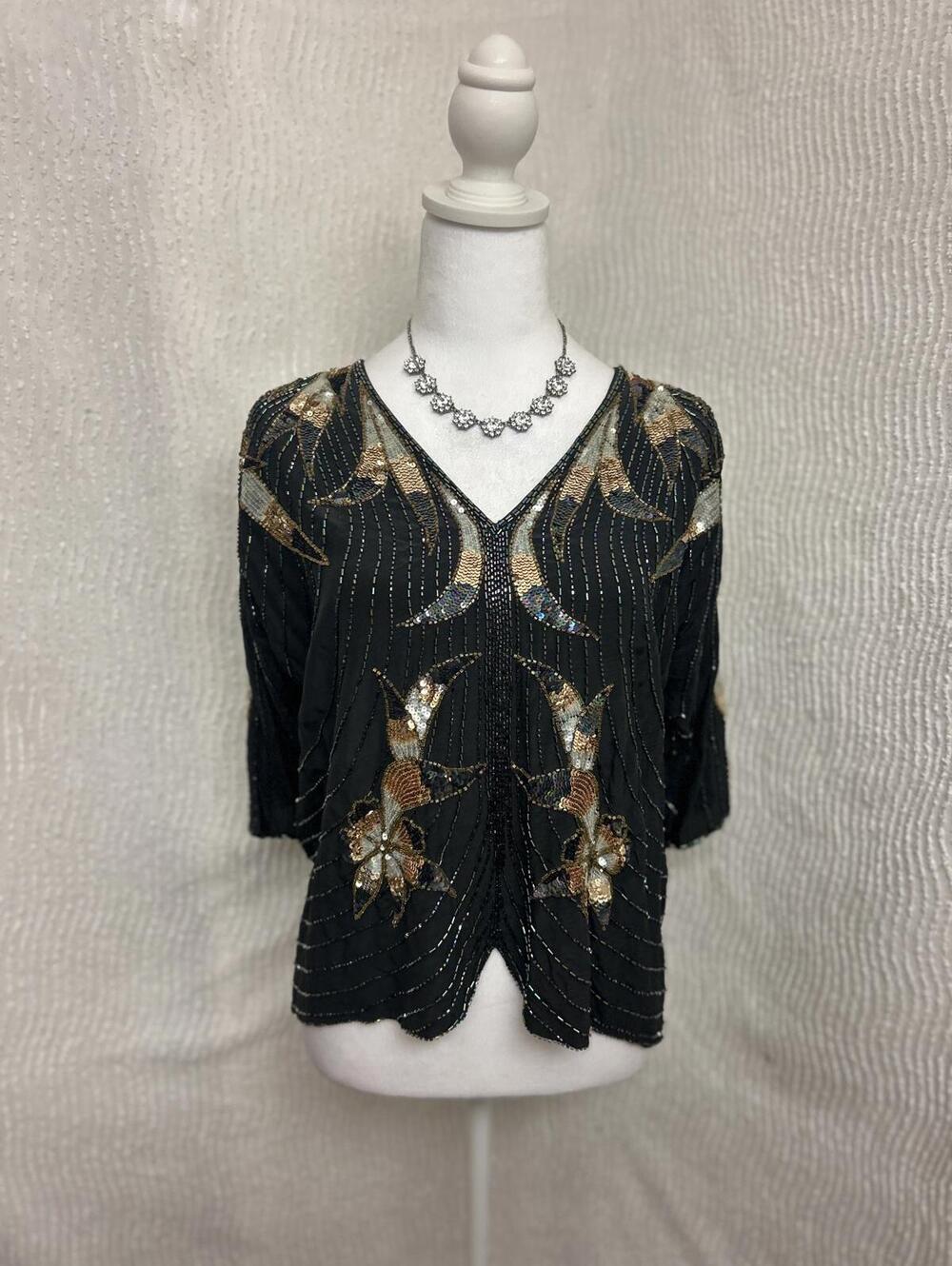 Argenti Vintage 100% Silk Beaded Top Women’s L Gold Brown Silver Embellished